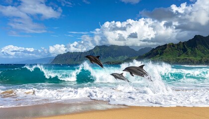 Coastal beach scene with turquoise waves, leaping dolphins, sandy shore, green mountains, and partly cloudy blue sky.