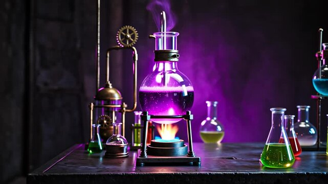 Close-Up of Bubbling Potion and Colorful Glassware on Table