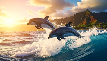 Fototapeta premium Coastal beach scene with turquoise waves, leaping dolphins, sandy shore, green mountains, and partly cloudy blue sky.