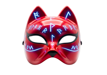 A vibrant red mask with glowing blue runes, featuring feline ears, presented against a striking black background.