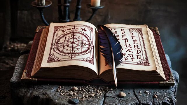 Ancient Leather Book with Quill and Candlelit Smoke Atmosphere
