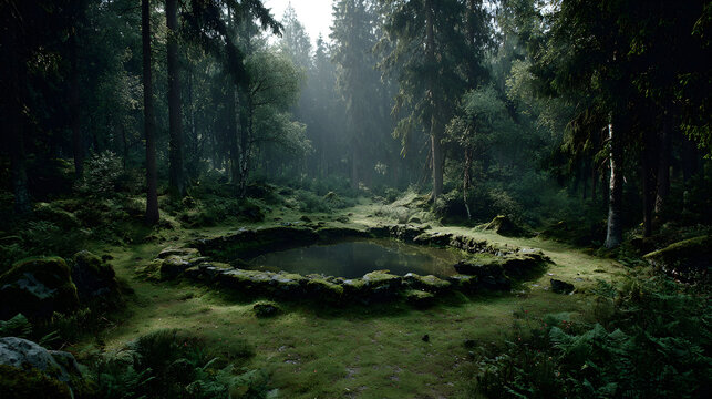 Eerie forest clearing with no objects in the center for typography