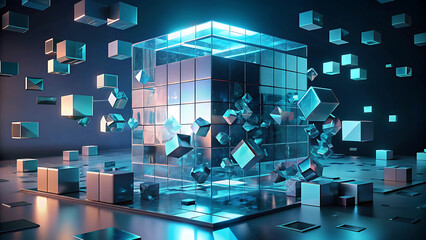 Abstract 3d rendering of cubes and glowing glass structures in futuristic surreal space