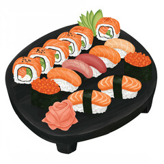 An exquisite 2D flat vector illustration features a sushi platter with an assortment of nigiri, maki, and sashimi, garnished with ginger and wasabi on a clean white background.