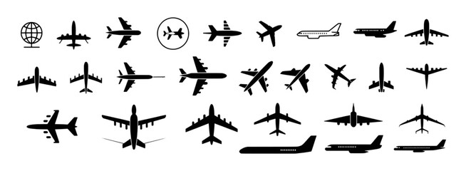 Collection of Airplane Icons and Globe Symbol