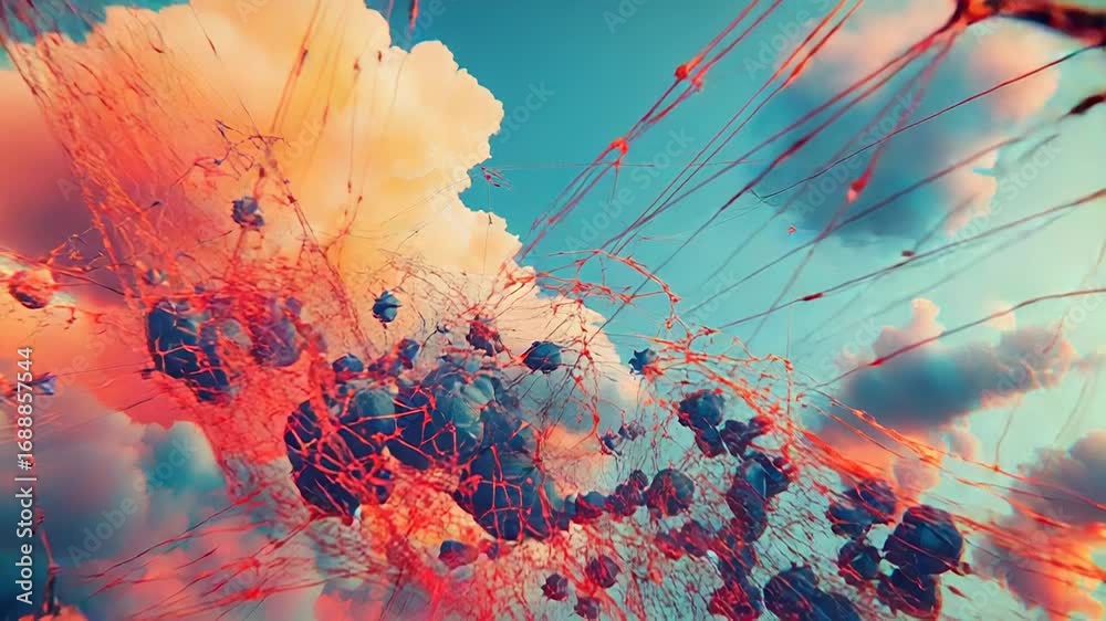 Poster network connecting floating islands in a colorful sky