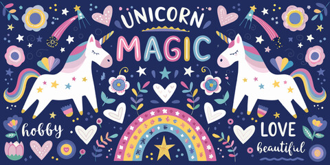 Whimsical unicorn magic illustration with rainbows hearts stars flowers and playful lettering on dark blue background