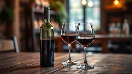 Red wine bottle and glasses on a rustic wooden table, surrounded by warm ambient lighting.