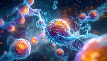 Artistic visualization of glowing orange biological cells interconnected by luminous blue structures on dark background with scattered light particles.