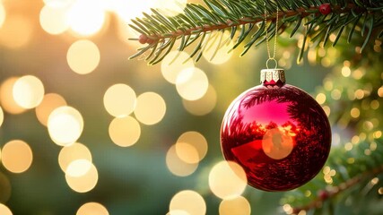 Joyful red Christmas ornament hangs from a pine branch, bathed in the warm glow of festive bokeh lights, creating a celebratory and bright holiday mood. - Powered by Adobe