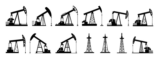 Collection of Black Silhouettes of Oil Pumpjacks and Drilling Rigs