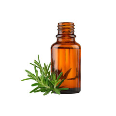 Amber Bottle of Rosemary Essential Oil with Fresh Rosemary Sprig