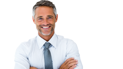 A confident businessman stands with a smile, showcasing professionalism and approachability