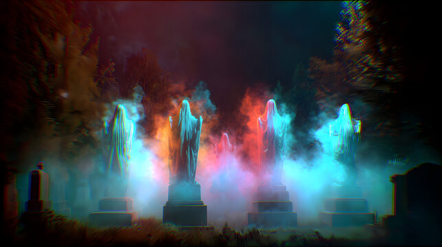 Floating ghost figures over graveyard scene, butterfly lighting with mist diffusion, time-lapse cloud motion blur, mysterious intrigue, tetradic palette of red-orange-blue-green