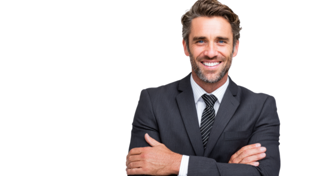 A confident businessman smiling in a formal suit, exuding professionalism and approachability. Ideal for corporate presentations, marketing materials, and professional networking.