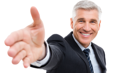 A confident businessman extends his hand for a handshake. He features a friendly smile and a professional suit, embodying trust and professionalism in a corporate environment.