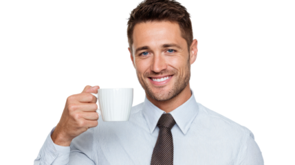 A confident businessman enjoying a cup of coffee, showcasing a positive attitude and a professional appearance, perfect for business concepts and workplace scenarios.