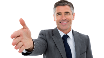 A confident businessman extends his hand for a handshake, symbolizing partnership and professionalism. The image conveys positivity and trust in the corporate world.