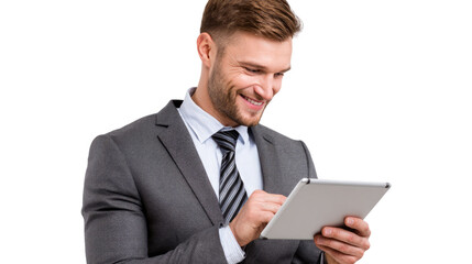 A confident businessman in a suit smiles while using a tablet, embodying professionalism and modern technology in the workplace. Ideal for corporate and entrepreneurial themes.