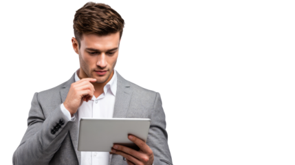 A professional man in a gray suit thoughtfully examines information on a tablet. His expression conveys concentration and determination in a modern work environment.