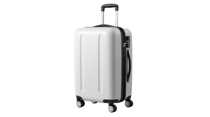 A sleek, modern white suitcase with wheels and a retractable handle, perfect for travelers seeking stylish, durable luggage for their adventures. Ready for any journey.