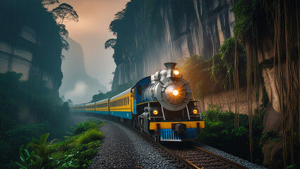 Indonesian train in a misty drizzle, passing between two high cliffs covered in tangled tree roots. Atmospheric, dramatic, realistic photo.