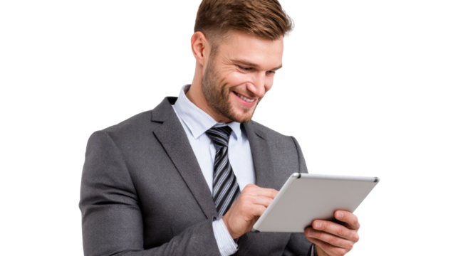 A confident businessman in a suit smiles while using a tablet, embodying professionalism and modern technology in the workplace. Ideal for corporate and entrepreneurial themes.