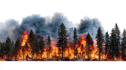 Forest fire blazing through trees, creating a dramatic scene of destruction and smoke against a white isolated background.