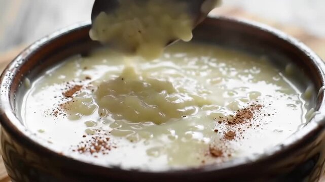 Creamy rice pudding with cinnamon in bowl, ready to be served.