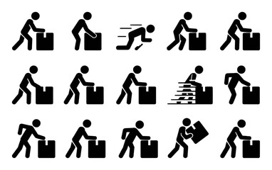 Collection of Stick Figure Icons Showing People Moving and Handling Boxes