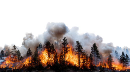 Dramatic wild forest fire with intense flames, smoke billowing into the sky