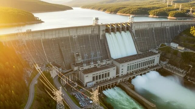 Massive hydroelectric dam releasing powerful torrents of water at golden hour, generating clean energy for communities, showcasing engineering and nature's harmony