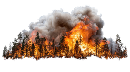 Intense wildfire burning through a forest, producing heavy smoke and flames, showcasing the destructive power of nature. High contrast and vibrant colors highlight the scene.