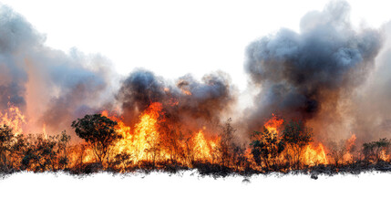 A dramatic scene depicting a wildfire with intense flames and thick smoke billowing into the air, showcasing the destruction and urgency of fire management in natural landscapes.