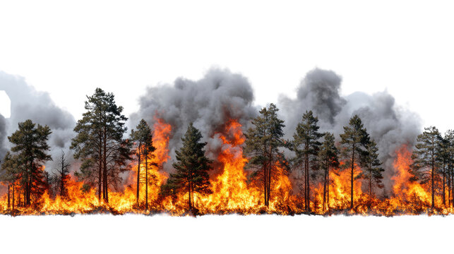 A dramatic scene of a forest fire with flames engulfing trees and thick smoke billowing into the sky, highlighting the urgency of environmental awareness and wildfire prevention. - Powered by Adobe