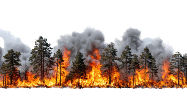 A dramatic scene of a forest fire with flames engulfing trees and thick smoke billowing into the sky, highlighting the urgency of environmental awareness and wildfire prevention.