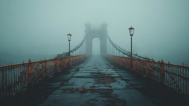 Old spooky bridge with fog-covered center for event title