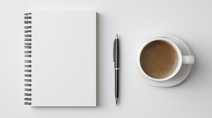 3d render of a simple notebook mockup, white background with a coffee cup and pen next to it, top view