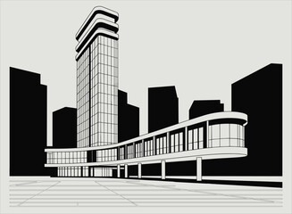 Fototapeta premium Futuristic cityscape vector illustration. Modern architecture with curvilinear design. Urban skyline element.