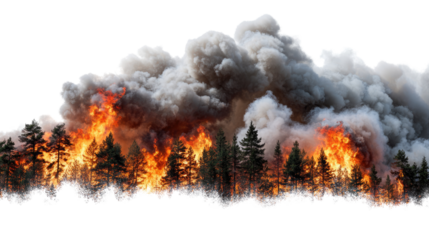 A dramatic scene of a forest fire with smoke billowing and flames engulfing tall trees, illustrating the destructive forces of nature and the impact of wildfires on the environment