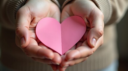 Fototapeta premium Hands Holding Pink Paper Heart Symbolizing Love and Compassion 