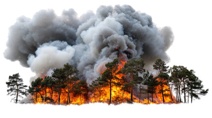 Fototapeta premium A dramatic scene of a forest fire with thick black smoke rising and flames engulfing the trees, highlighting the destructive power of wildfire and its impact on nature.
