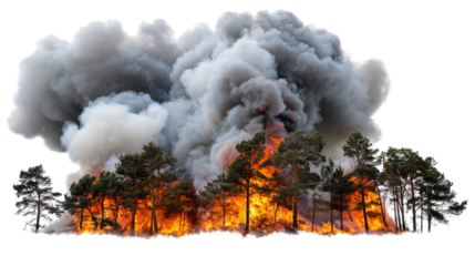 A dramatic scene of a forest fire with thick black smoke rising and flames engulfing the trees, highlighting the destructive power of wildfire and its impact on nature.