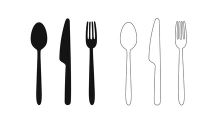 Classic dining utensil icons – black silhouette and outline of fork, knife, and spoon – ideal for food packaging, menu design, and culinary websites.