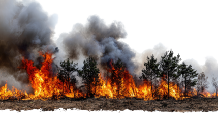 A dramatic scene of a wildfire engulfing trees, showcasing the intense colors of flames and smoke against a stark background, highlighting the destructive force of nature.