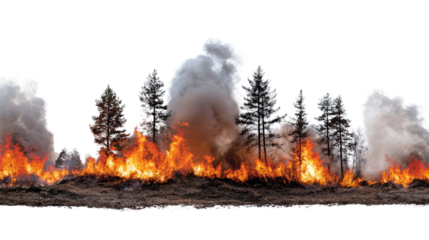 A dramatic scene of a raging wildfire engulfing trees, with thick smoke billowing into the air. The stark contrast of fire and smoke against the forest creates a powerful visual.