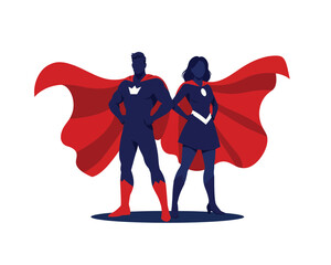 Dynamic duo of superheroes standing proudly with red capes against
