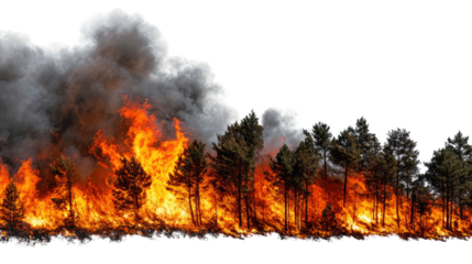 A dramatic scene of a forest fire, showcasing intense flames and thick smoke rising from a line of trees. The vivid colors of the fire contrast against the dark backdrop of smoke.