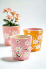 Colorful ceramic pots with flowers