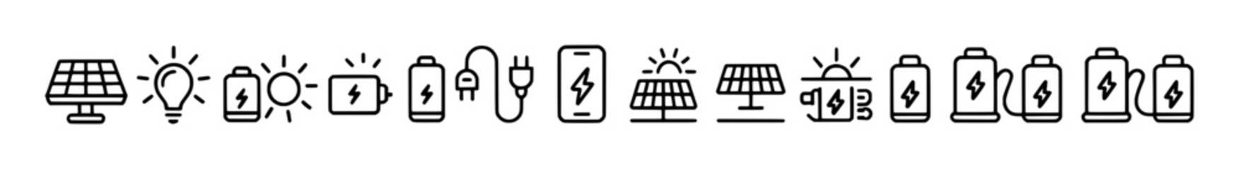 Solar Power and Battery Charging Icons: Renewable Energy and Electricity Concepts